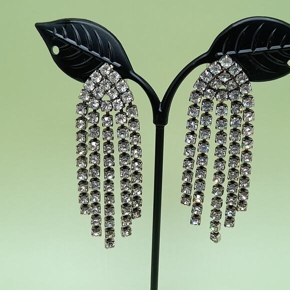 Vintage Clear Rhinestone Fringe Post Earrings, 1980s, 2 1/2 Inches - Picture 3 of 9